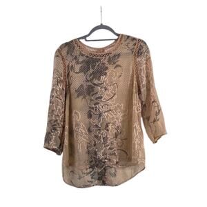 Meadow Rue Anthropologie Champagne Beige Sheer Floral Button Back Shirt, Medium
